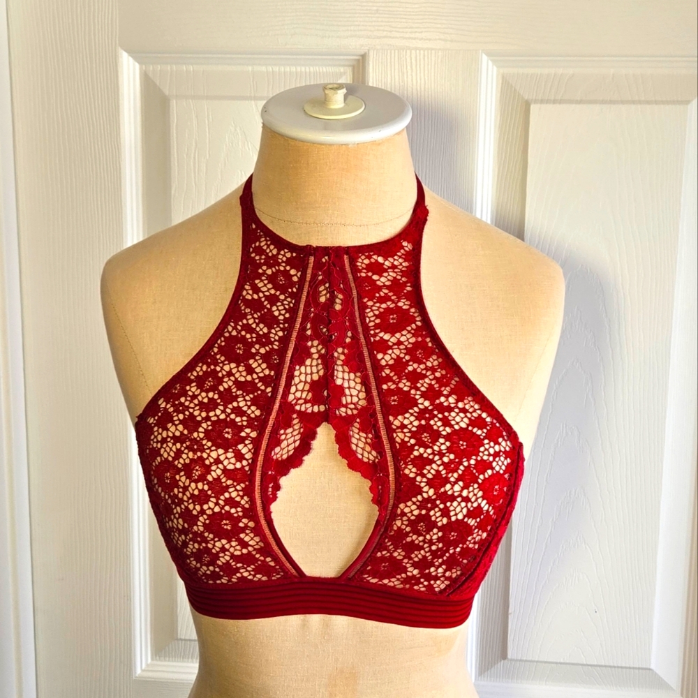 Victoria's Secret Very Sexy Red Lace Halter Bralette Bra Women's Size S Lingerie